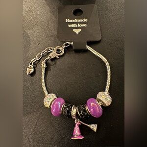 Halloween Handcrafted Witch Hat & Broom Bracelet Purple & Silver Adjustable